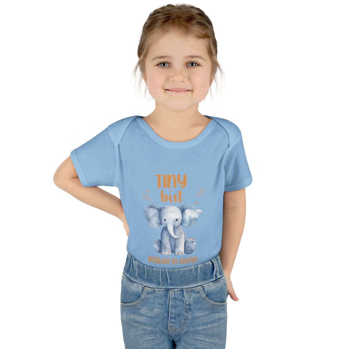 Tiny But Mighty in Christ Elephant Baby Bodysuit