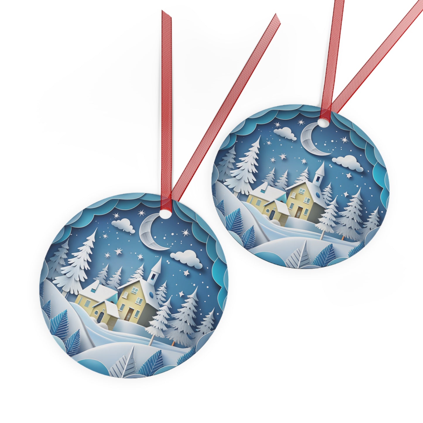 3D Snowy Christmas Scene Metal Ornaments – Winter Holiday Decor with Church & Village, Durable Double-Sided Keepsake