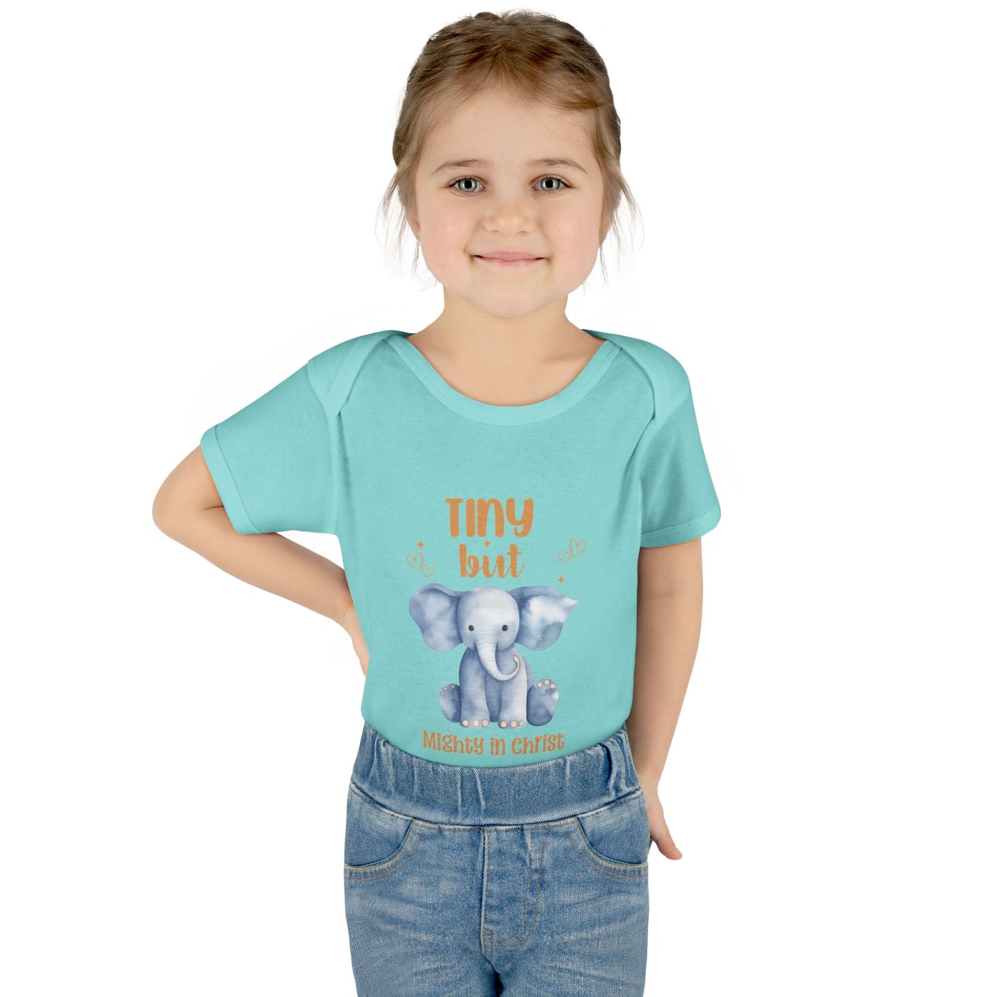 Tiny But Mighty in Christ Elephant Baby Bodysuit