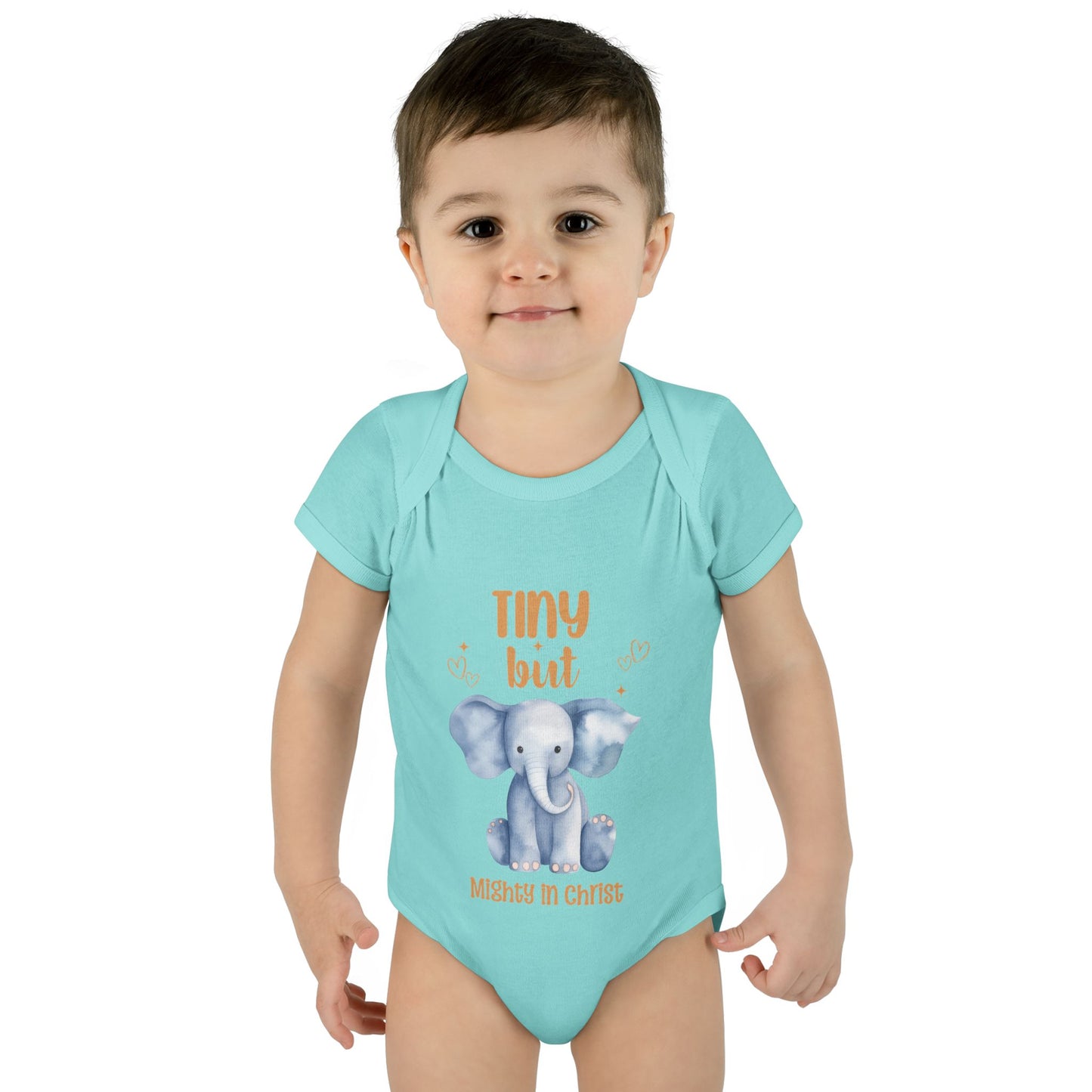 Tiny But Mighty in Christ Elephant Baby Bodysuit