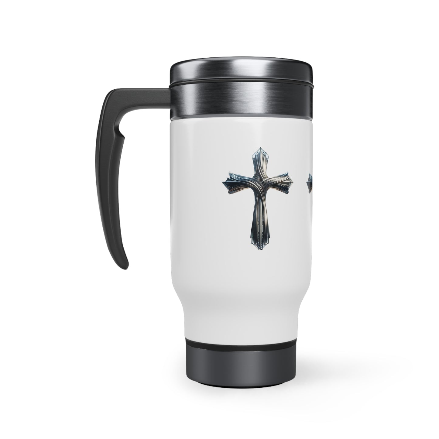 Trinity of Faith: Stainless Steel Travel Mug with Handle, 14oz adorned with Metallic Crosses