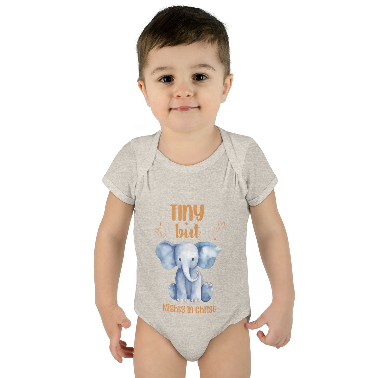 Tiny But Mighty in Christ Elephant Baby Bodysuit