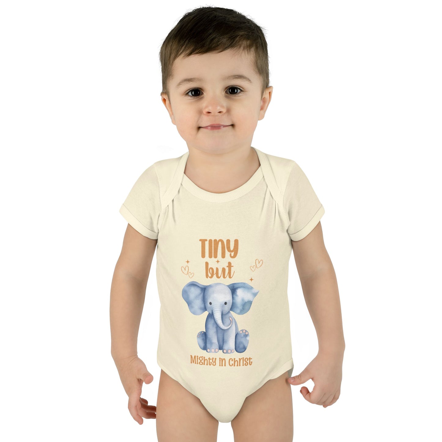 Tiny But Mighty in Christ Elephant Baby Bodysuit
