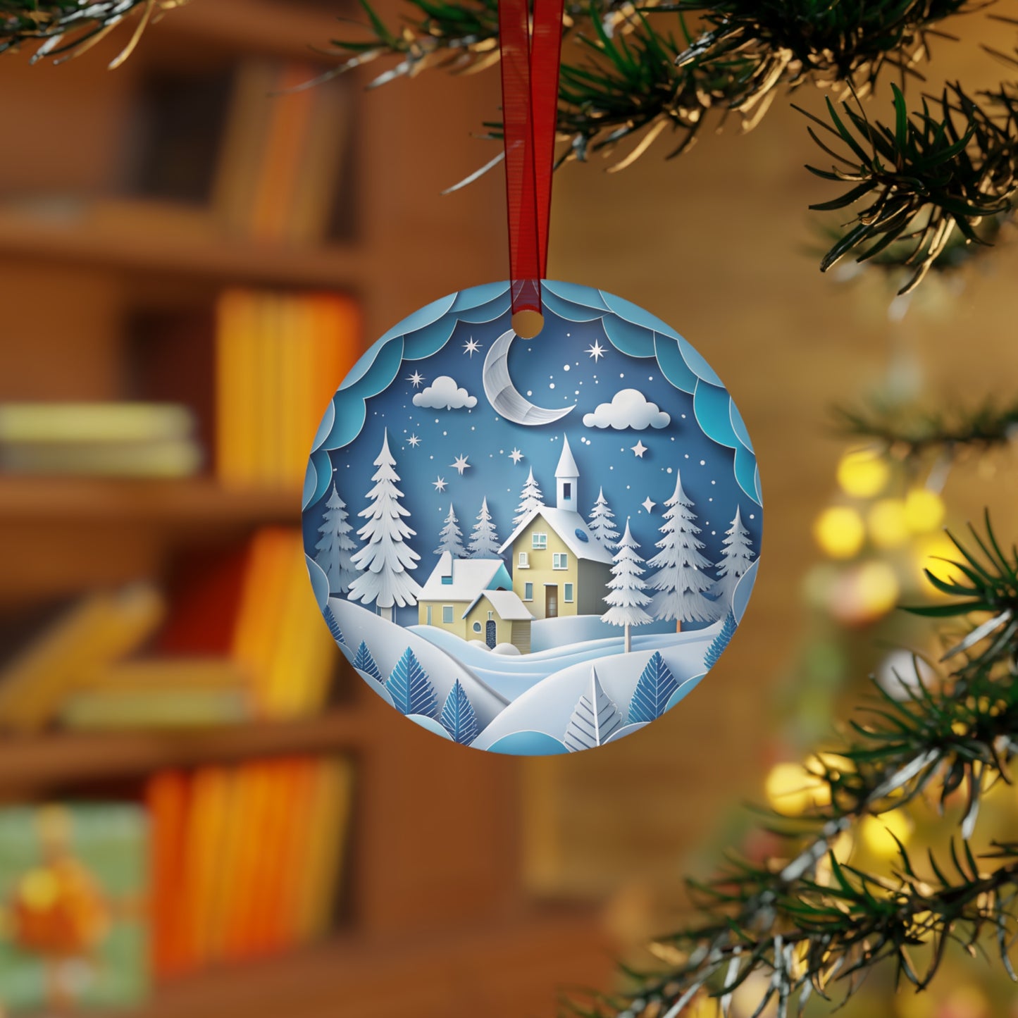 3D Snowy Christmas Scene Metal Ornaments – Winter Holiday Decor with Church & Village, Durable Double-Sided Keepsake