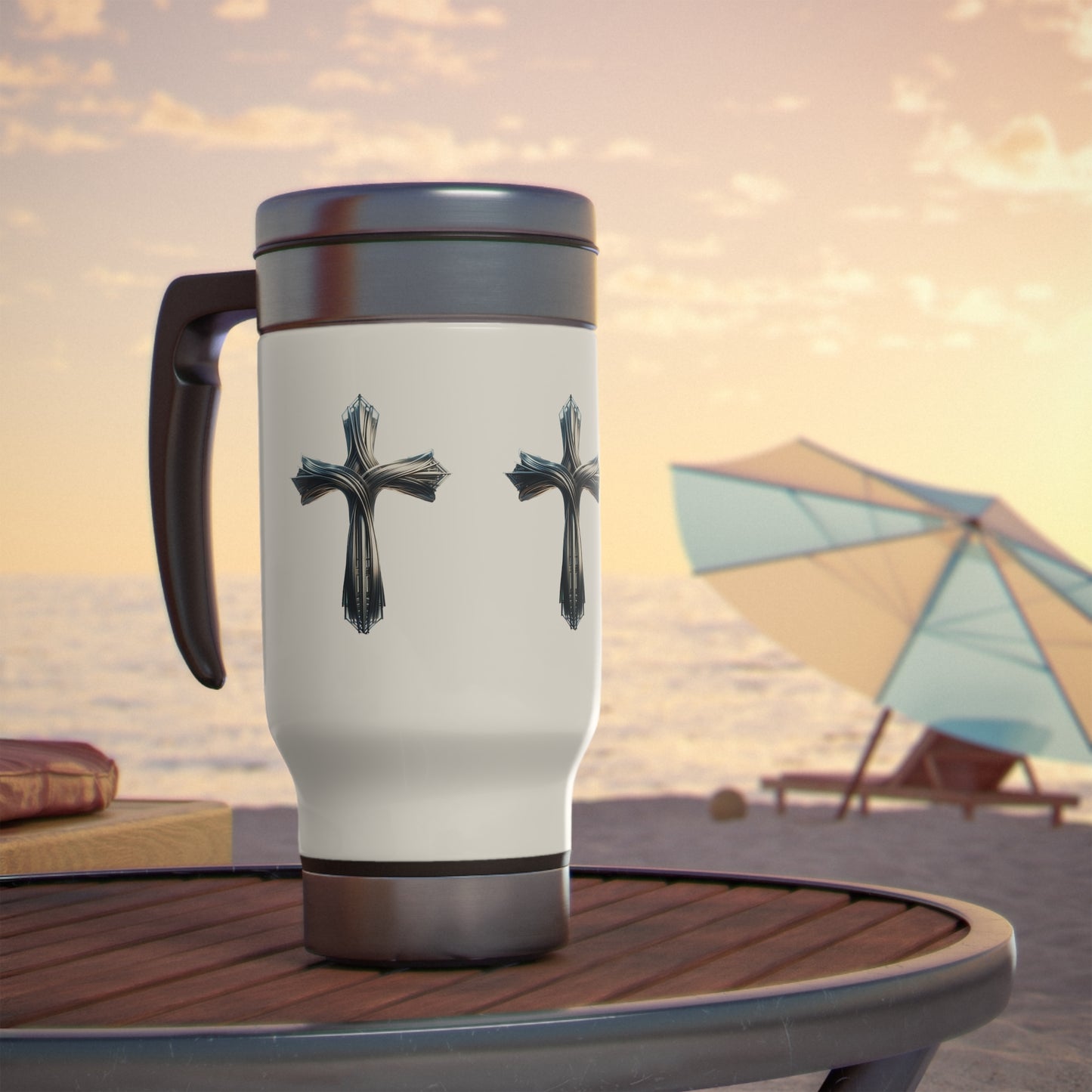Trinity of Faith: Stainless Steel Travel Mug with Handle, 14oz adorned with Metallic Crosses