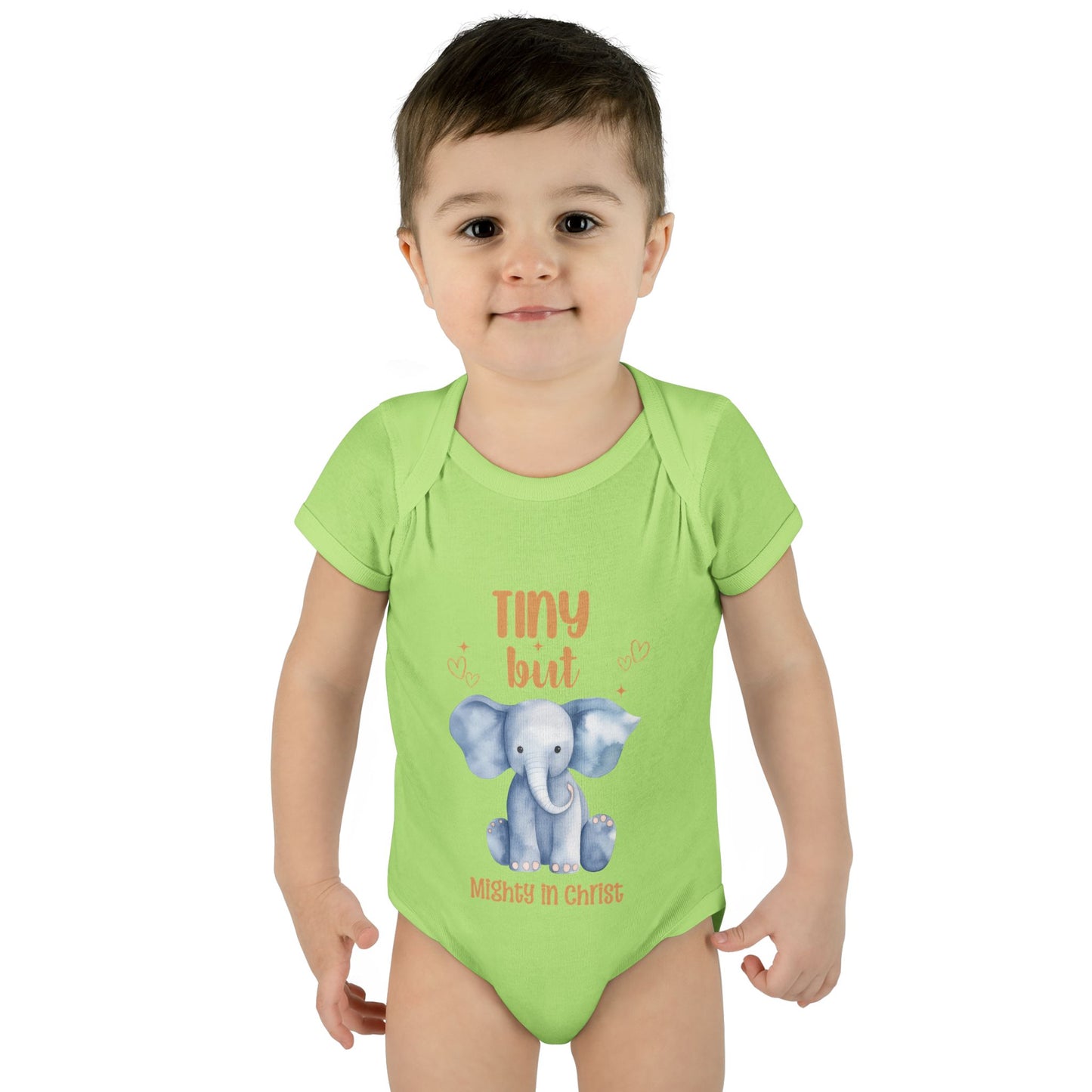 Tiny But Mighty in Christ Elephant Baby Bodysuit