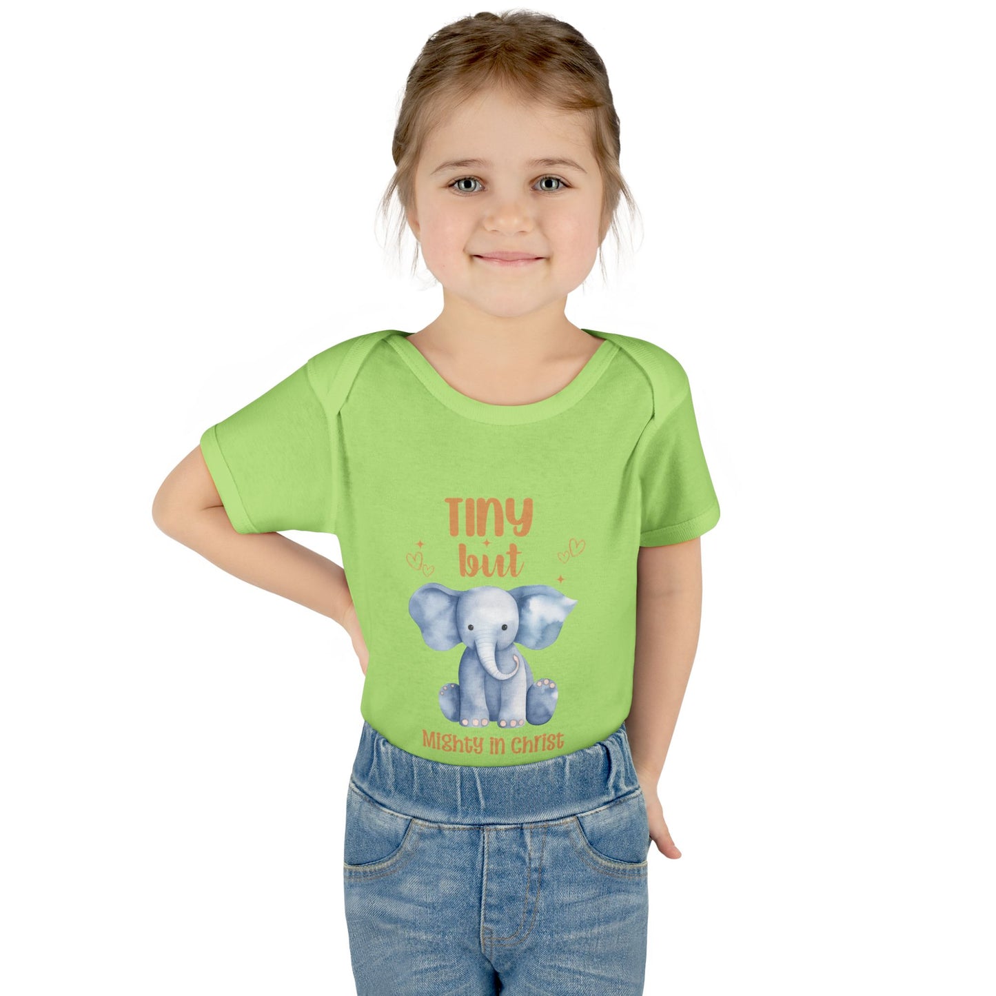 Tiny But Mighty in Christ Elephant Baby Bodysuit