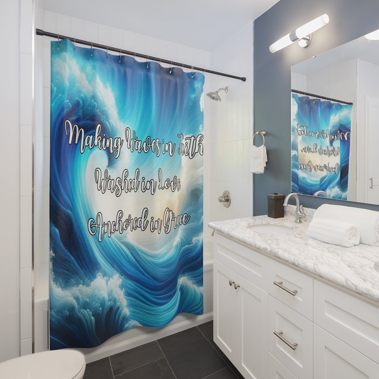 Inspirational Shower Curtain – Making Waves in Faith, Washed in Love, Anchored in Grace