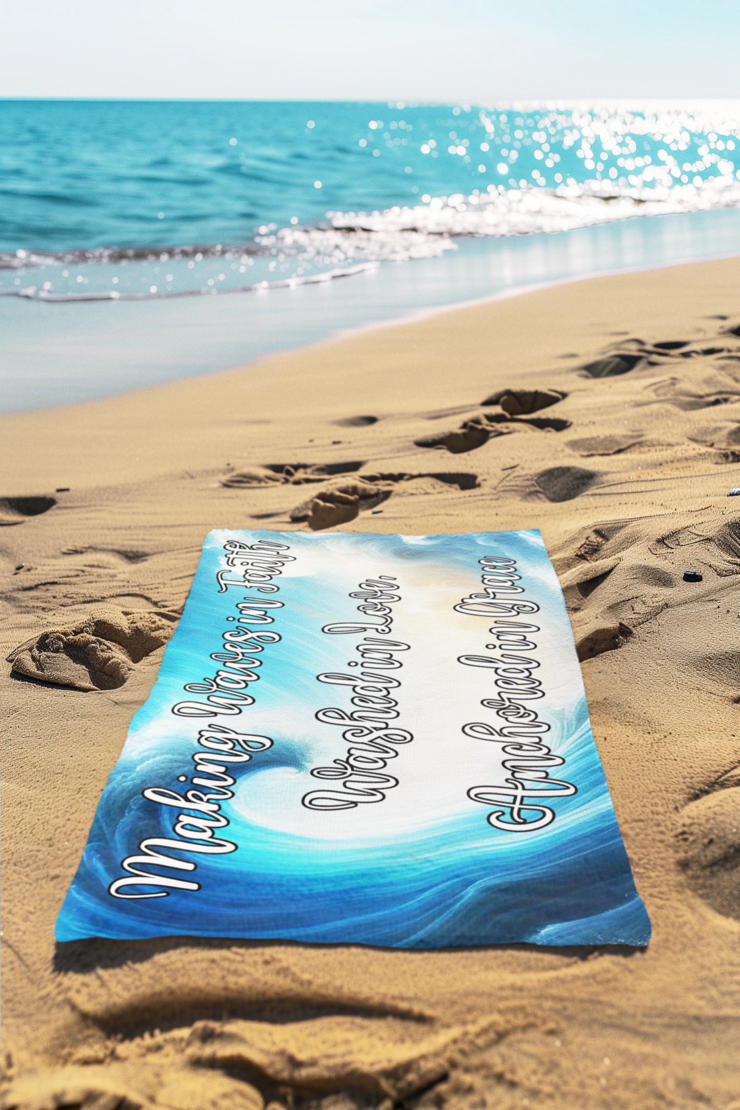 Making Waves in Faith, Washed in Love, Anchored in Grace Beach Towel
