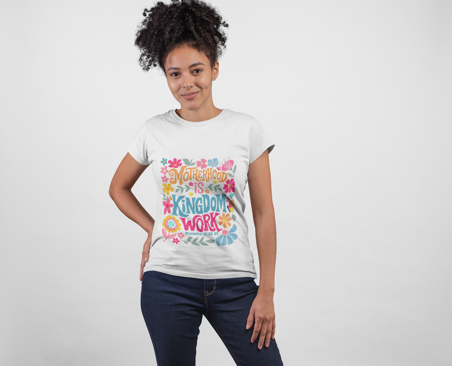 "Kingdom-Minded Mama – Softstyle Tee with 'Motherhood is Kingdom Work' Floral Design
