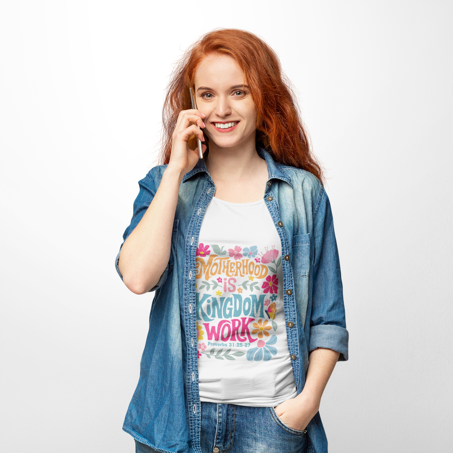 "Kingdom-Minded Mama – Softstyle Tee with 'Motherhood is Kingdom Work' Floral Design