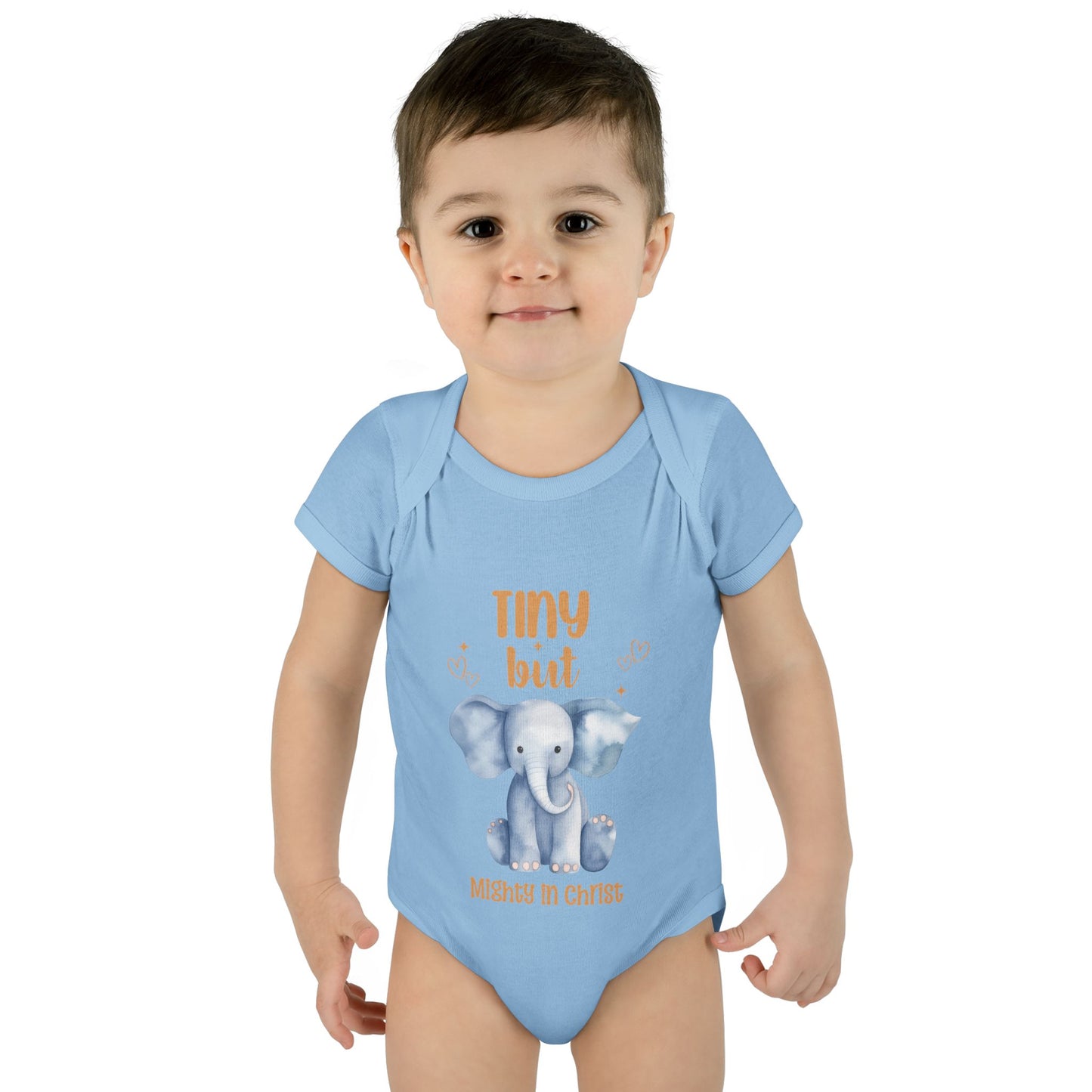 Tiny But Mighty in Christ Elephant Baby Bodysuit