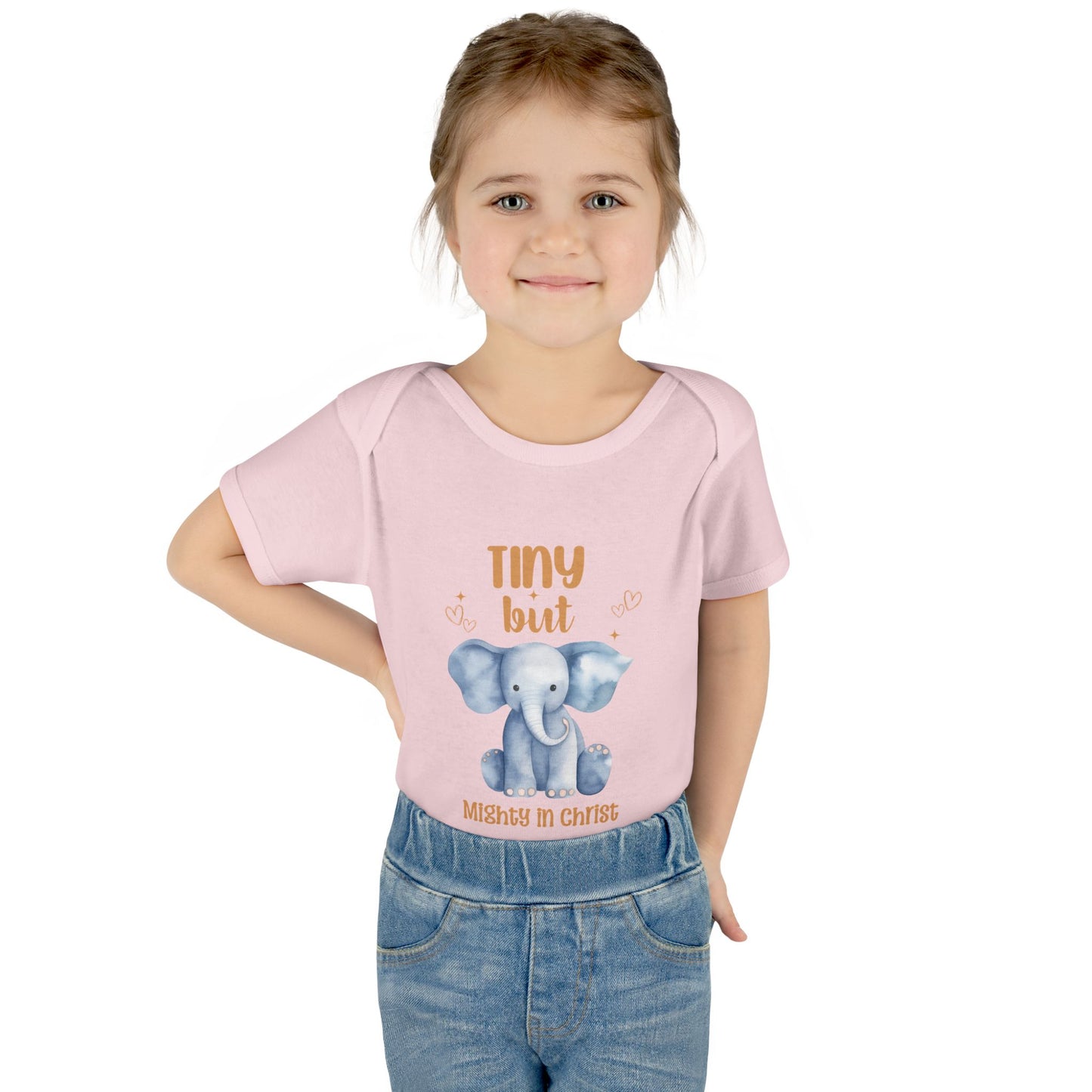 Tiny But Mighty in Christ Elephant Baby Bodysuit