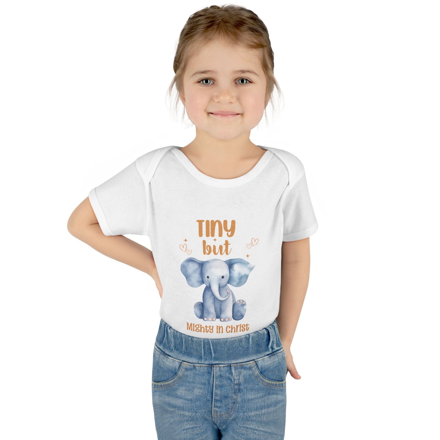 Tiny But Mighty in Christ Elephant Baby Bodysuit