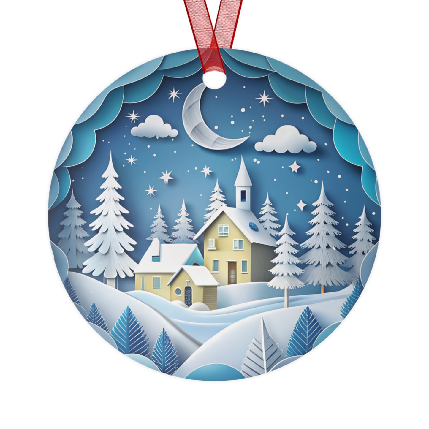 3D Snowy Christmas Scene Metal Ornaments – Winter Holiday Decor with Church & Village, Durable Double-Sided Keepsake