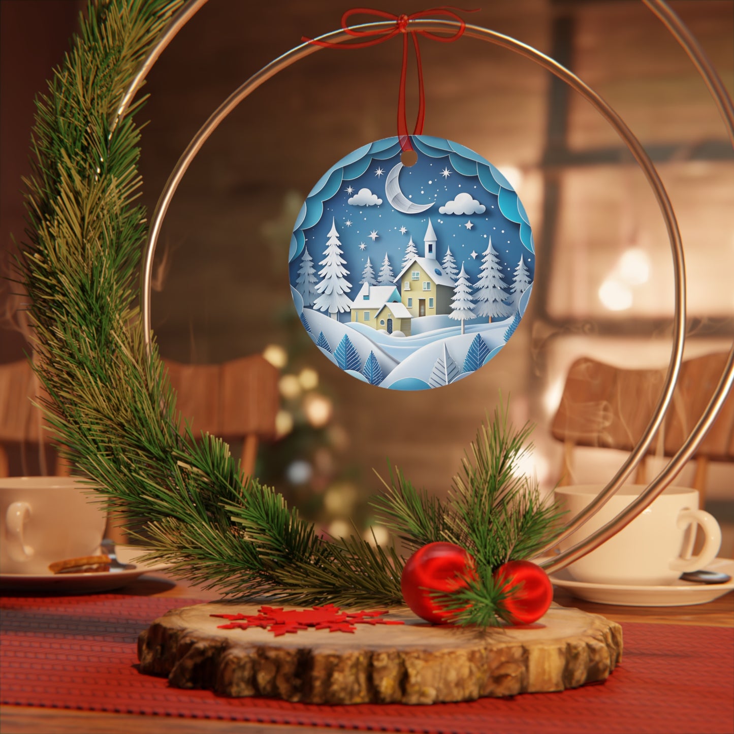 3D Snowy Christmas Scene Metal Ornaments – Winter Holiday Decor with Church & Village, Durable Double-Sided Keepsake