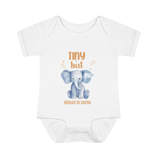 Tiny But Mighty in Christ Elephant Baby Bodysuit