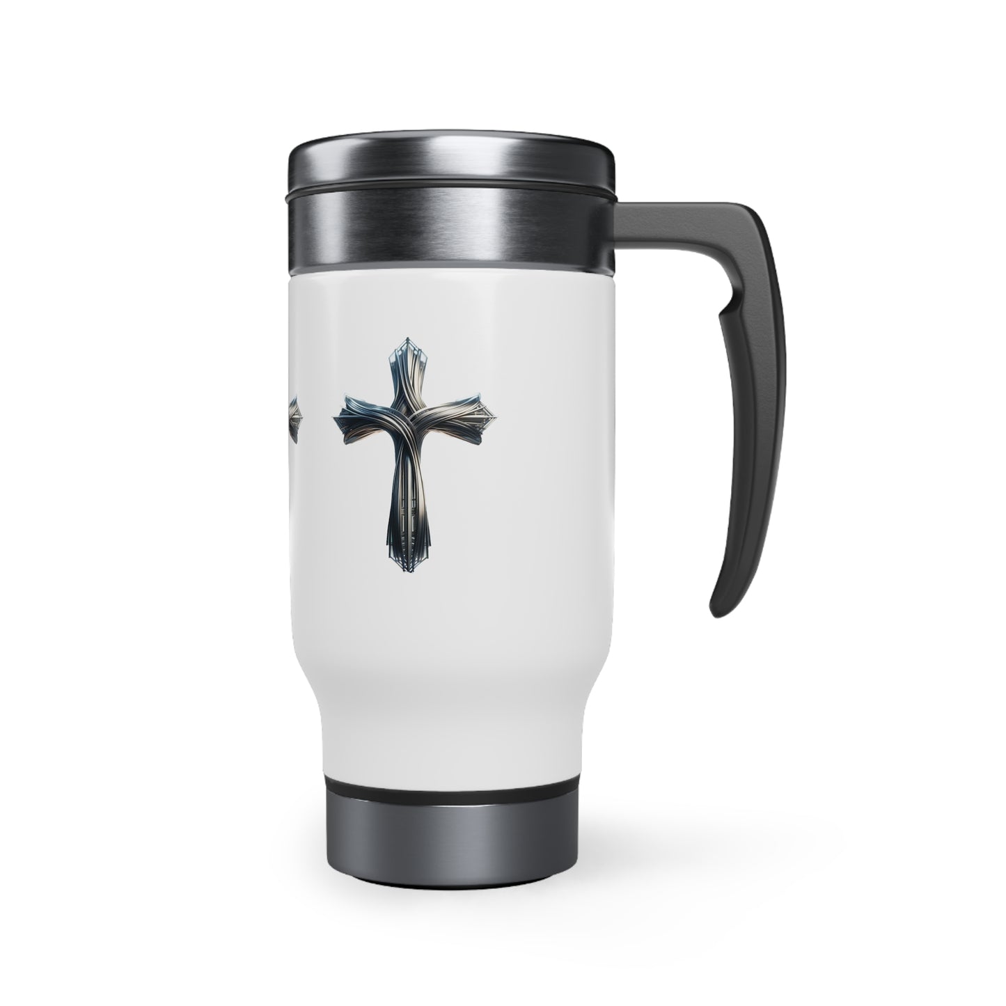 Trinity of Faith: Stainless Steel Travel Mug with Handle, 14oz adorned with Metallic Crosses