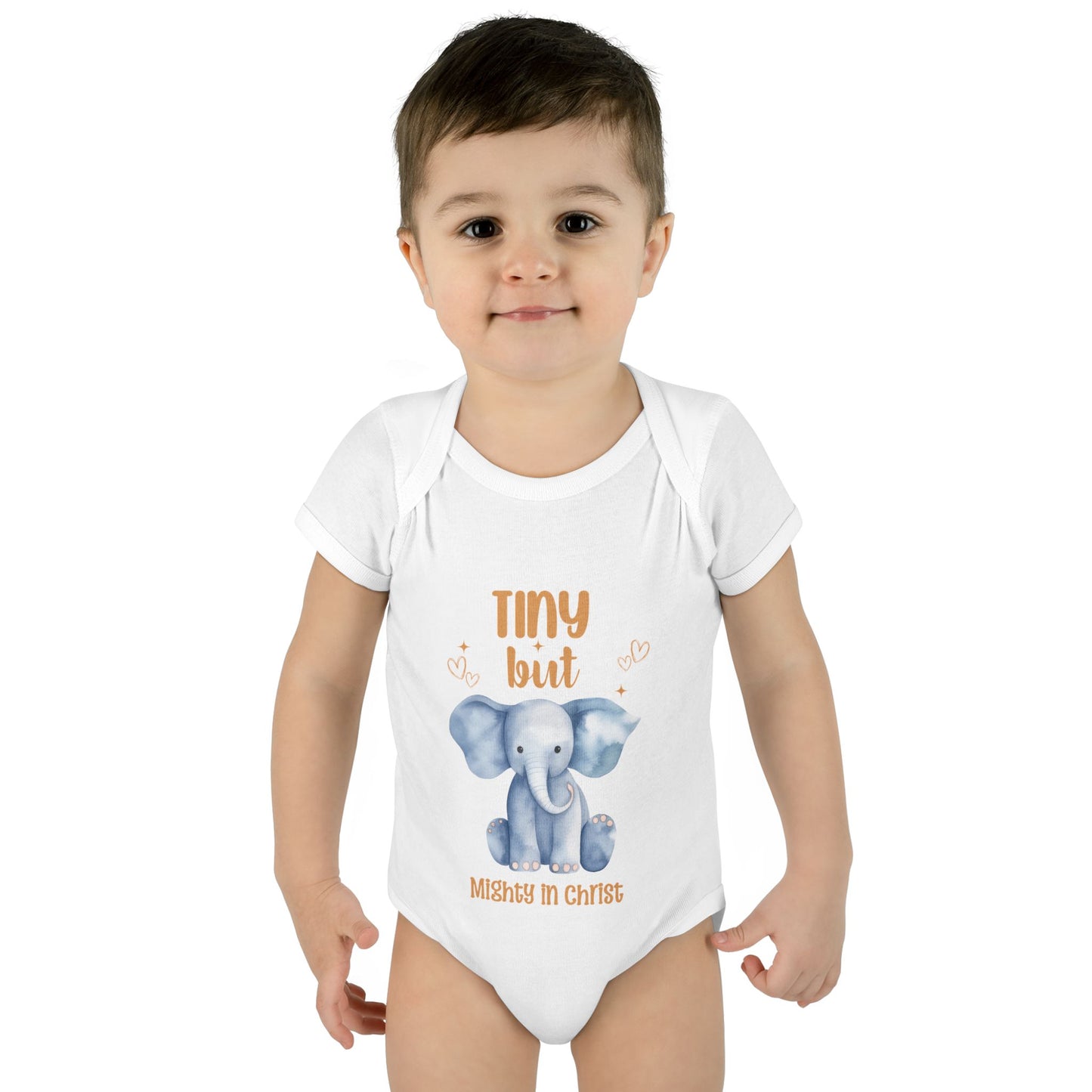 Tiny But Mighty in Christ Elephant Baby Bodysuit
